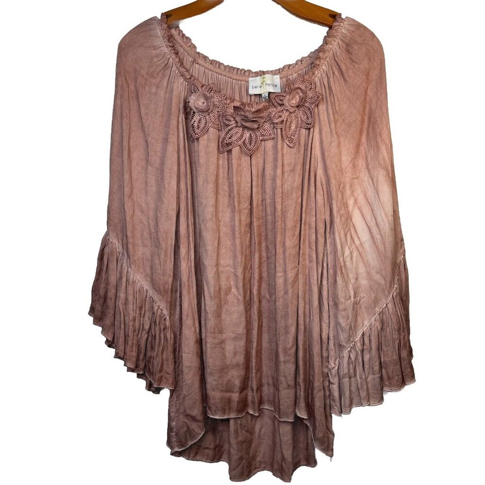Belle France‎  Feminine Crocheted Floral Lace Top Blouse Size Large